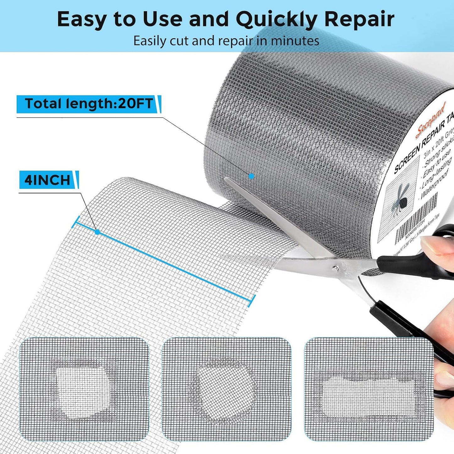 Grey Window Screen Repair Tape, 3IN X 20FT (240IN) Screen Repair Kit for Windows or Doors, Strong Adhesive Patch Kit Fiberglass Mesh Tape