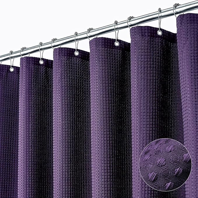 Dynamene Extra Long Shower Curtain,84 Inch Long Waffle Weave Weighted Thick Fabric Bathroom Shower Curtain, Neutral Heavy Duty Hotel Bath Curtain Set with 12 Plastic Hooks,72x84,Purple