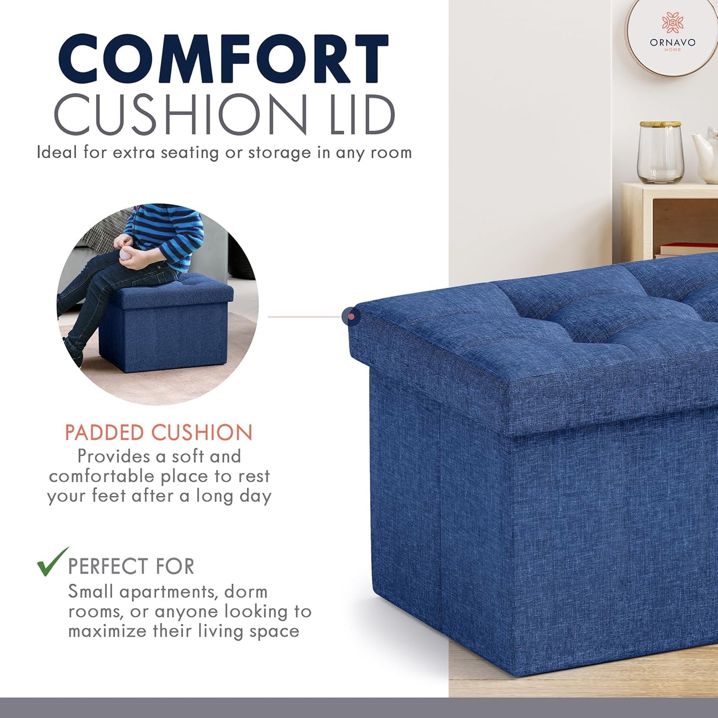 Ornavo Home Small Storage Ottoman Foldable Collapsible Rectangle Linen Ottoman Foot Rest Stool Seat, for Living Room, Bedroom, Home Office, Dorm - 12 x 16 x 12, Navy Blue
