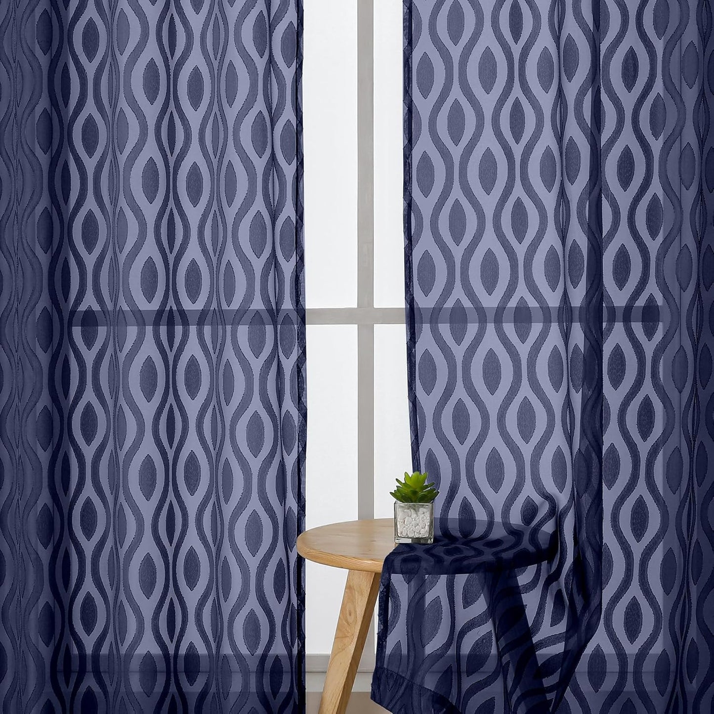 Aiyufeng Navy Blue Sheer Curtains Tiers 36 Inch Length, Light Filtering Soft Airy Wavy Line Jacquard Textured Short Curtain for Bedroom Bathroom Basement, Dual Rod Pocket, 2 Panels, 40" Wx36 L Inch