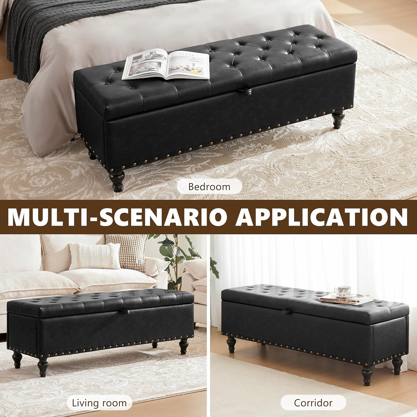 51.8’’ Storage Ottoman Bench, Faux Leather Ottoman with Storages, Window Benches Holds up to 330lbs, Upholstered Storage Bench for Bedroom, Living Room, Entryway and Family Room, Black