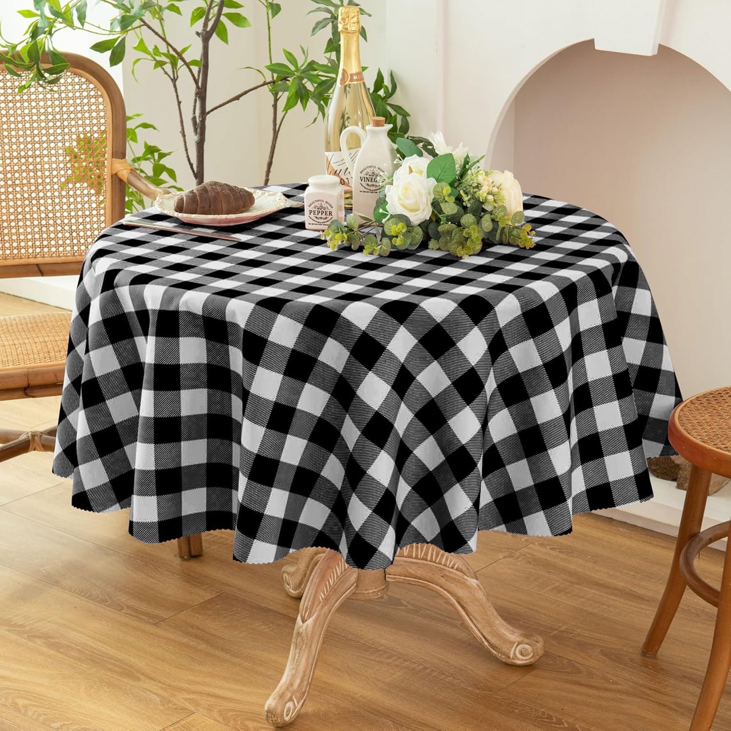 Waterproof Plaid Tablecloth Fabric - Round 50 Inch Classic Gingham Checker Table Cloth for Indoor/Outdoor Use - Buffalo Table Cover for Picnics, BBQs, and Parties