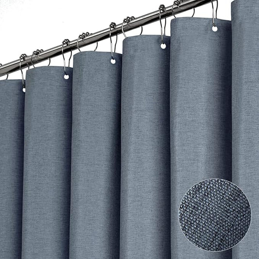 BTTN 96 Inch Extra Long Shower Curtain - Linen Textured Heavy Duty Tall Fabric Shower Curtain Set with 12 Plastic Hooks, Large Simple Neutral Cloth Shower Curtains for Bathroom, 72x96 Inch, Blue Gray