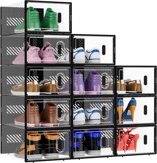 BALEINE 12 Pack Stackable Shoe Storage Boxes Fit Size 11, Thickened Clear Shoe Box Bins with Lids, Plastic Foldable Organizer Sneaker Storage Containers (X-Large, Black)