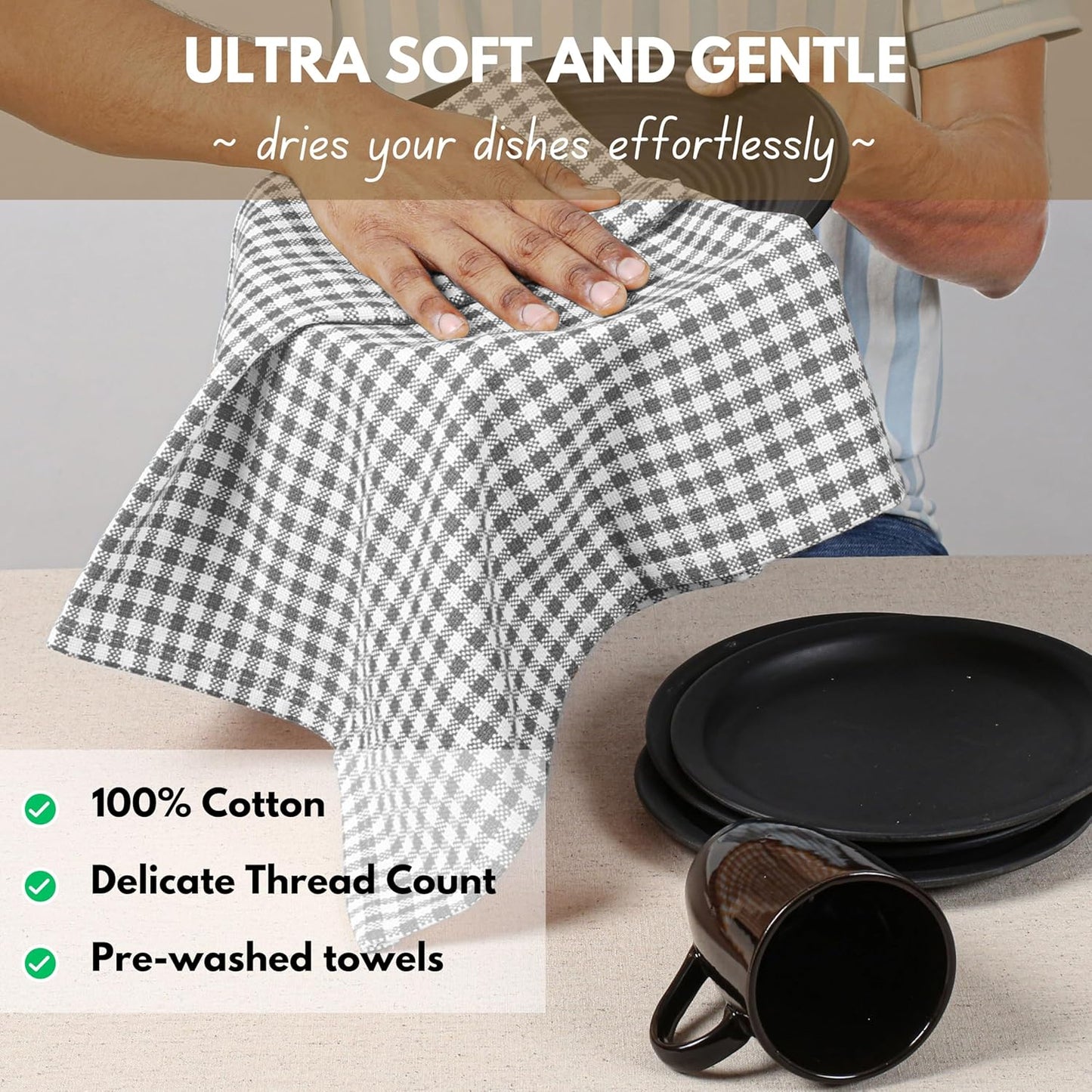 Native Fab 4 Pack Gingham Plaid Kitchen Towels 16"x26" - 100% Cotton Absorbent Washable Tea Towels, Kitchen Cloths, Restaurant Grade Dish Towel with Hanging Loop, Grey White