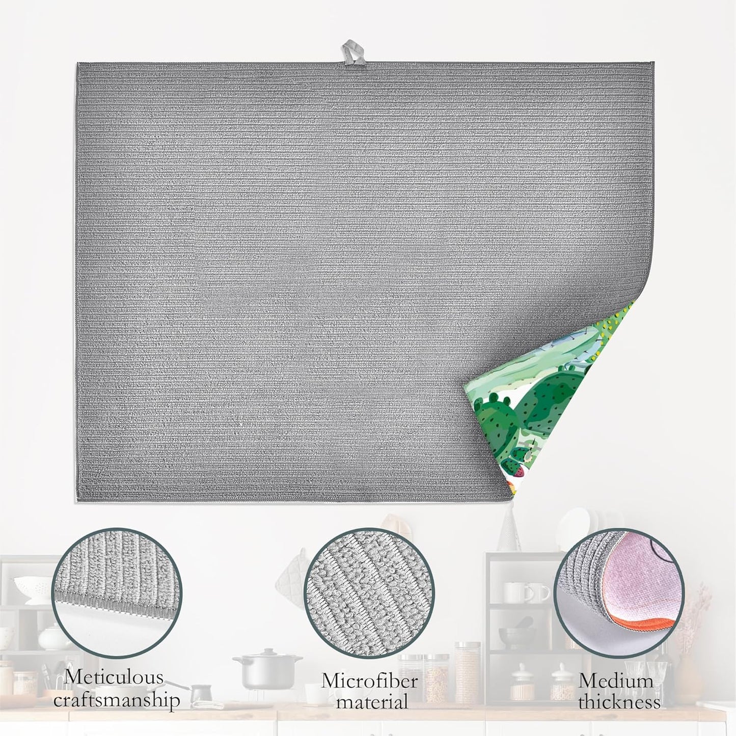 Green Cactus Dish Drying Mat, Tropical Plant Drying Rack Pad Countertop Dishes Ultra Absorbent Microfiber Kitchen Counter Mat for Coffee Countertop Decor 18x24 Inch