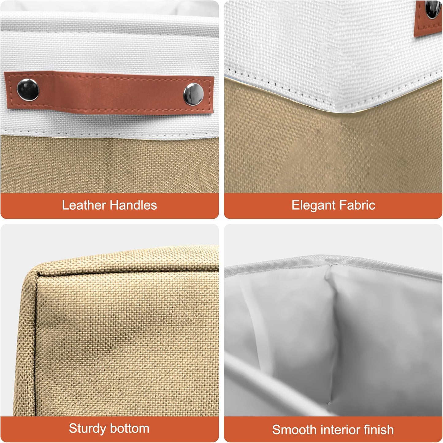 11in Open Fabric Storage Basket with Leather Handles for Organizing, Collapsible Linen Closet Bins for Shelves, Closets, Laundry, Decorative Basket for Gifts. (White＆Khaki, 3PCS/11x11in)