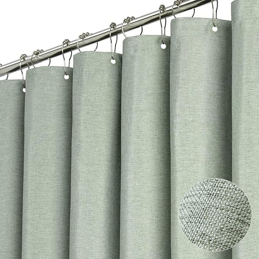 BTTN Stall Fabric Shower Curtain - 54x72 Inch Long Linen Textured Heavy Duty Shower Curtain Set with 10 Plastic Hooks, Hotel Spa Weighted Waterproof Neutral Bath Curtains for Bathroom - Sage Green