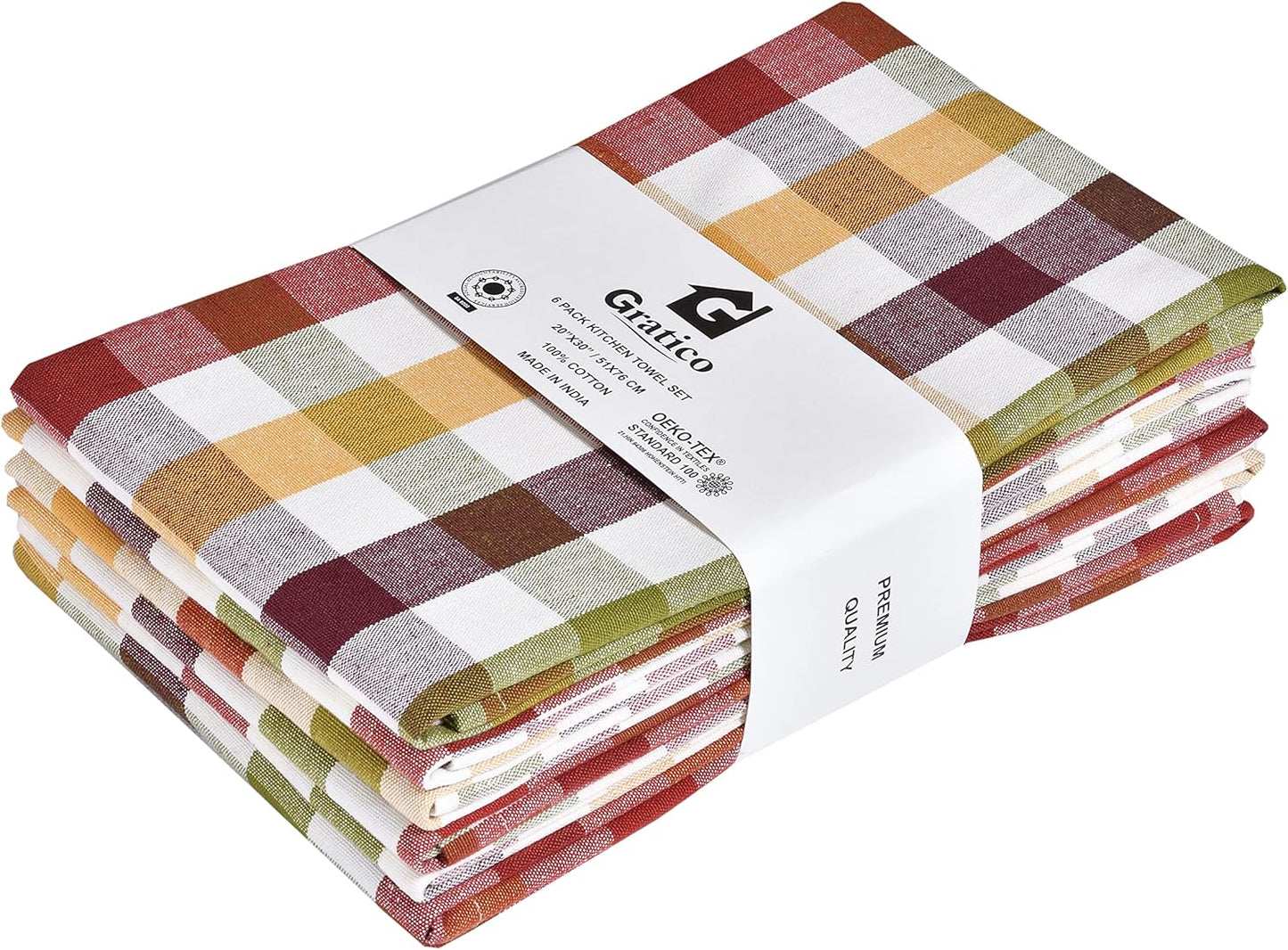 Kitchen Towels Set of 6 Multiolor Buffalo Checks 20X30 Inches, Soft Premium Cotton Highly Absorbent Towels, Washable & Reusable Tea Towel, Quick Drying Dish Cloths with Mitered Corner Towels