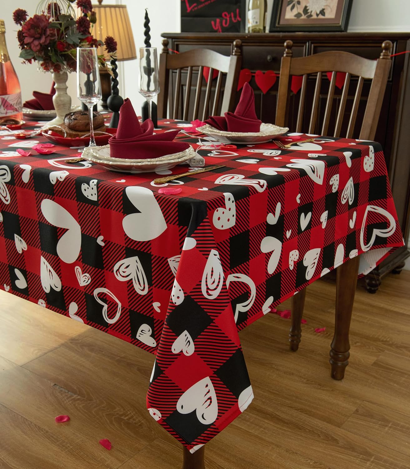 Valentine's Day Tablecloth Fabric - Oblong 58x120 Water Resistant Love Themed Plaid Table Cloth for Indoor/Outdoor Use - Love Heart Romantic Gifts Perfect for Birthday, Picnics, Parties