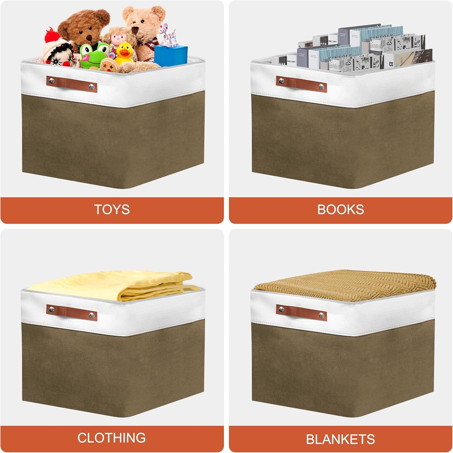 11in Open Fabric Storage Basket with Leather Handles for Organizing, Collapsible Linen Closet Bins for Shelves, Closets, Laundry, Decorative Basket for Gifts. (White＆Brown, 3PCS/11x11in)