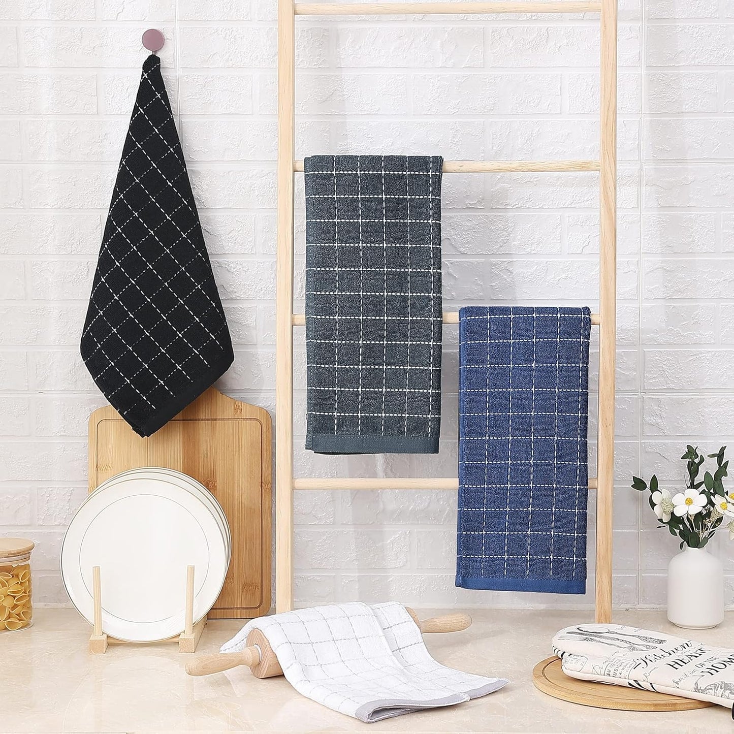 Homaxy 100% Cotton Terry Kitchen Towels(Multiple Colour, 13 x 28 inches), Checkered Designed, Soft and Super Absorbent Dish Towels, 8 Pack