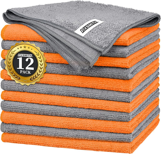 FIXSMITH Microfiber Cleaning Cloth -Pack of 12, Highly Absorbent Cleaning Rags(Grey&Orange), 16"X12" All Purpose Cleaning Towels for Housekeeping, Kitchen, Car, Reusable Microfiber Towels
