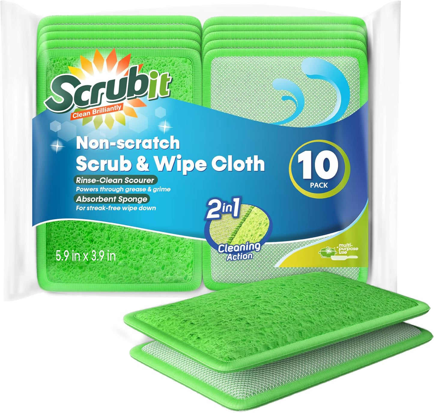 Scrub and Wipe Cleaning Pads [10 Pack] – SCRUBIT Dual Sided Scouring Pad and Sponge - Reusable Kitchen Scrubbing Sponges for Dishes, Pots, Pans Utensils & Non-Stick Cookware (Green)