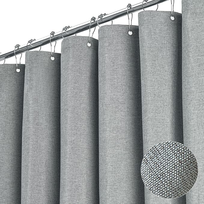 BTTN Stall Fabric Shower Curtain - 54x72 Inch Long Linen Textured Heavy Duty Cloth Shower Curtain Set with 10 Plastic Hooks, Hotel Spa Weighted Waterproof Neutral Bath Curtain for Bathroom - Gray/Grey