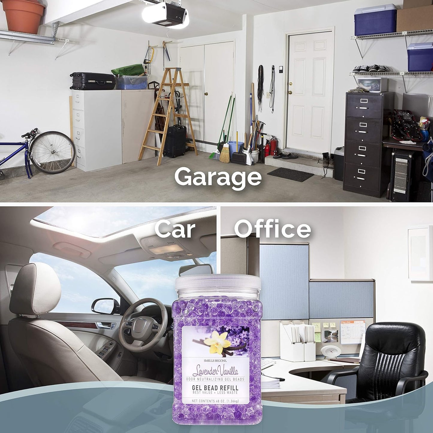 SMELLS BEGONE 48 oz Odor Eliminator Gel Bead Refill - Eliminates Odor from Bathrooms, Boats, Cars, RVs & Pet Areas - Made with Essential Oils - Lavender Vanilla Scent