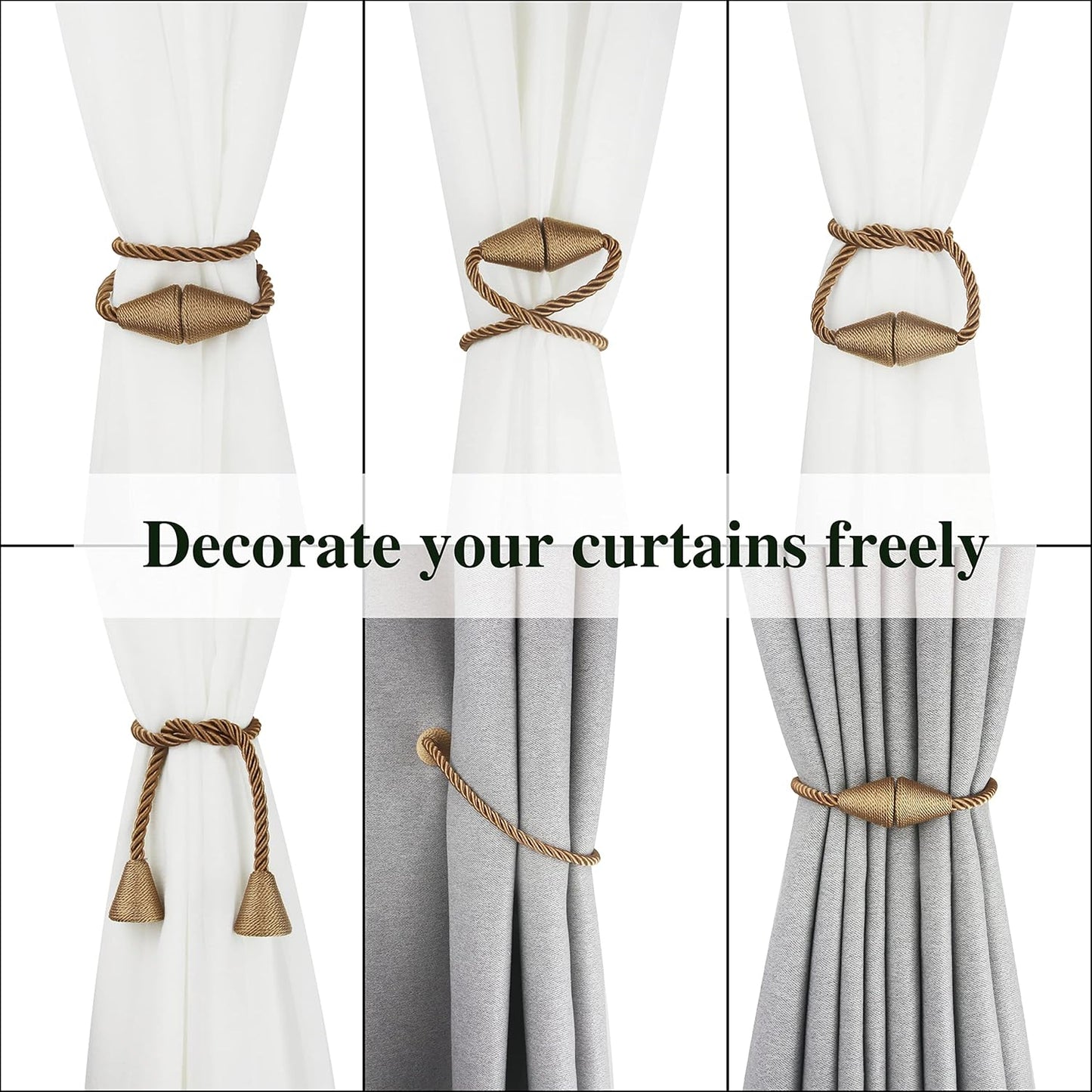 2 Pack Magnetic Curtain Tiebacks Rope Modern Handmade Curtain Tie Backs Decorative Drapes Weave Holdbacks for Window Décor, Khaki