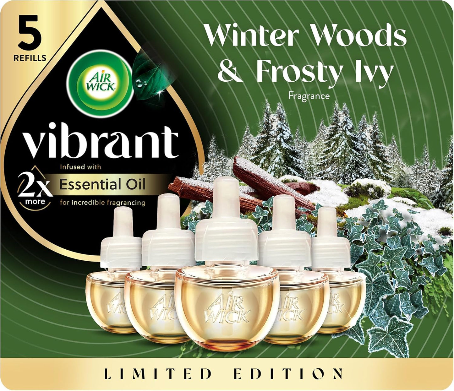Air Wick Plug In Advanced Scented Oil,Winter Woods + Frosted Ivy,Air Fresheners for Home Long Lasting,Home Room Fresheners,Air Freshener Plug In, House Essentials for Small Spaces + Large Spaces,5 ct