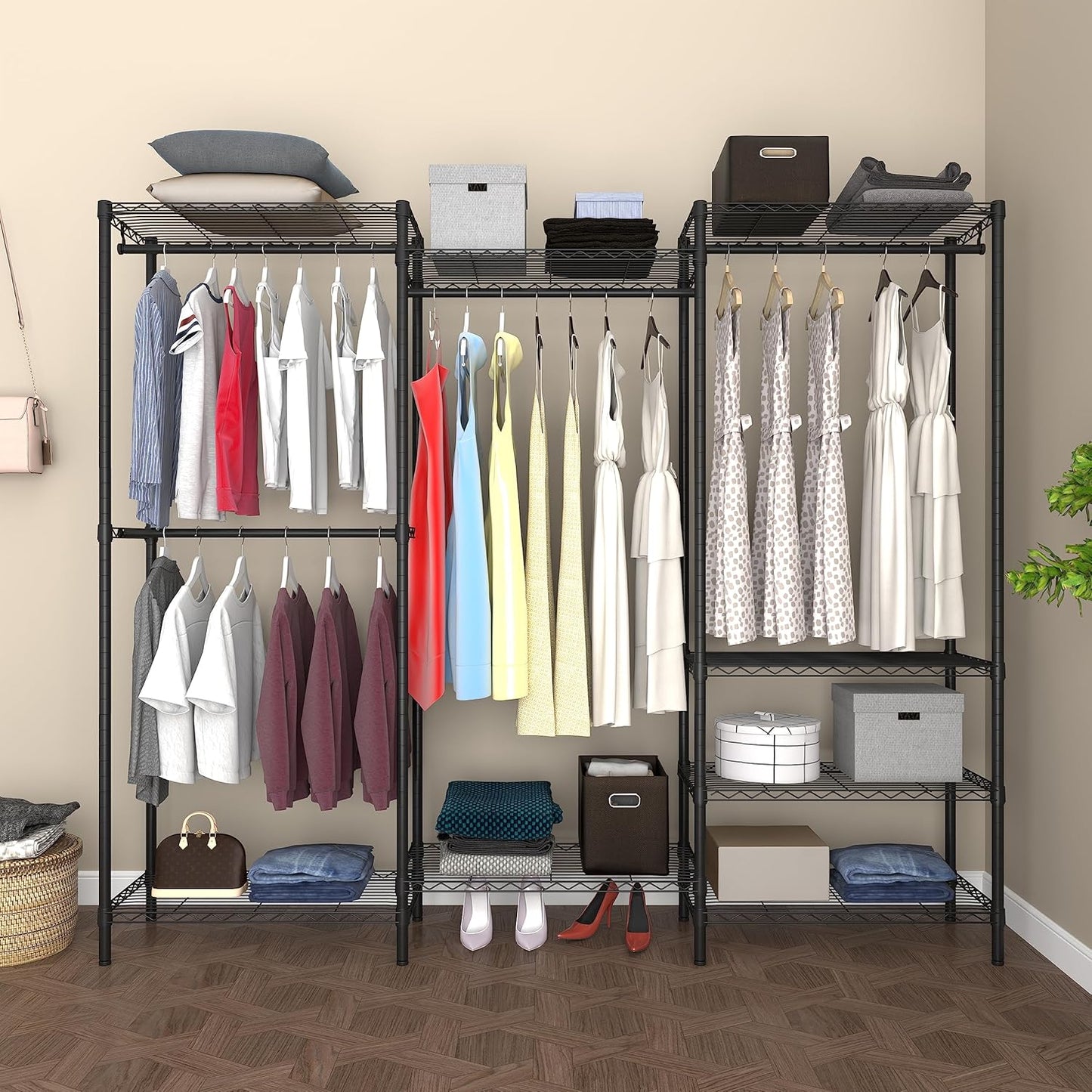 Heavy Duty Garment Rack,Freestanding Clothing Rack with 4 Hang Rods & 8 Shelves,Adjustable Closet Racks,68.5" L x 13.8" W x 75.2" H, Max Load 800LBS, Black