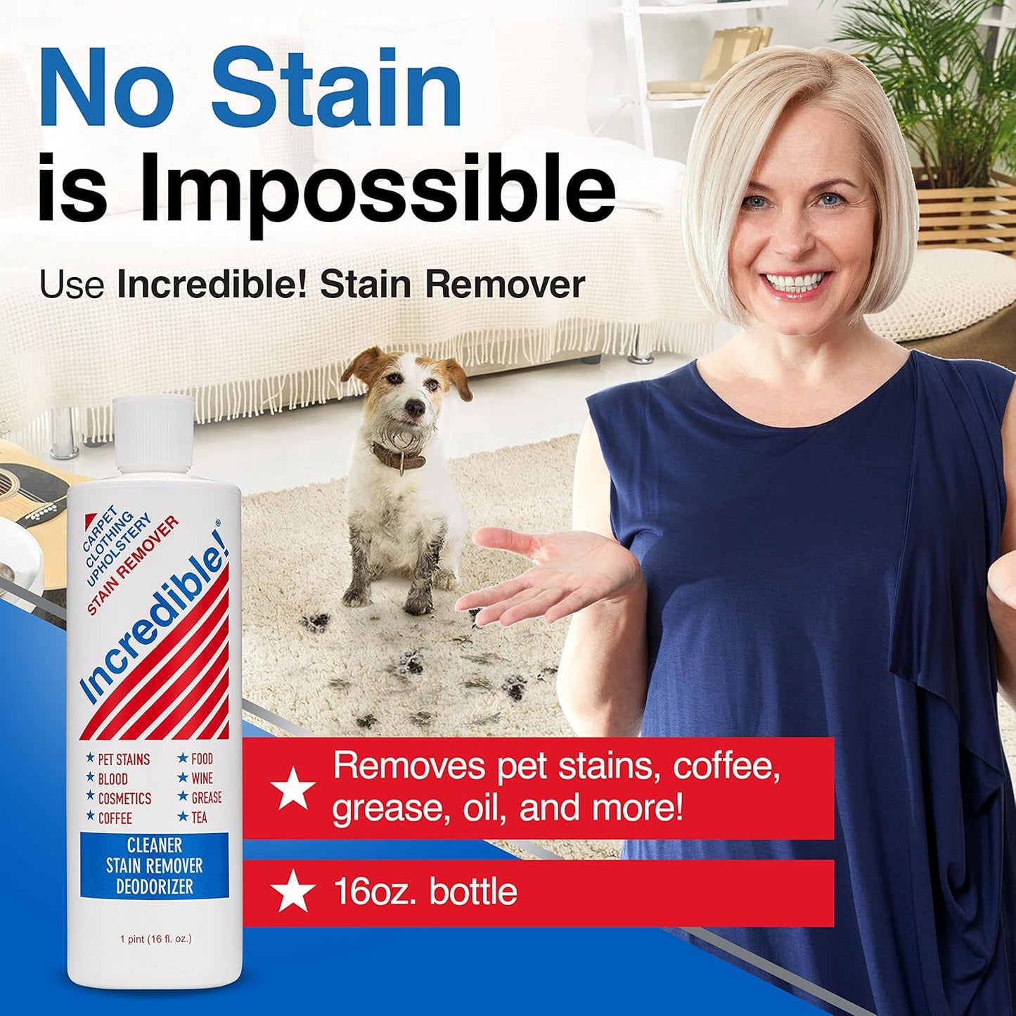 INCREDIBLE! Stain Remover - Commercial Pack Quantity, Professional Stain Cleaner For Carpets, Fabric, Linen, Laundry, Mattress, Car Upholstery – Pet Stains, Urine, Blood, Red Wine, 16.oz, Pack of 6