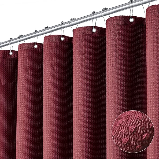 Dynamene Stall Fabric Shower Curtain - 54x78 inch Long Waffle Weave Weighted Thick Cloth Shower Curtains for Bathroom, Heavy Duty Hotel Spa Luxury Bath Curtain Set with 10 Plastic Hooks, Burgundy