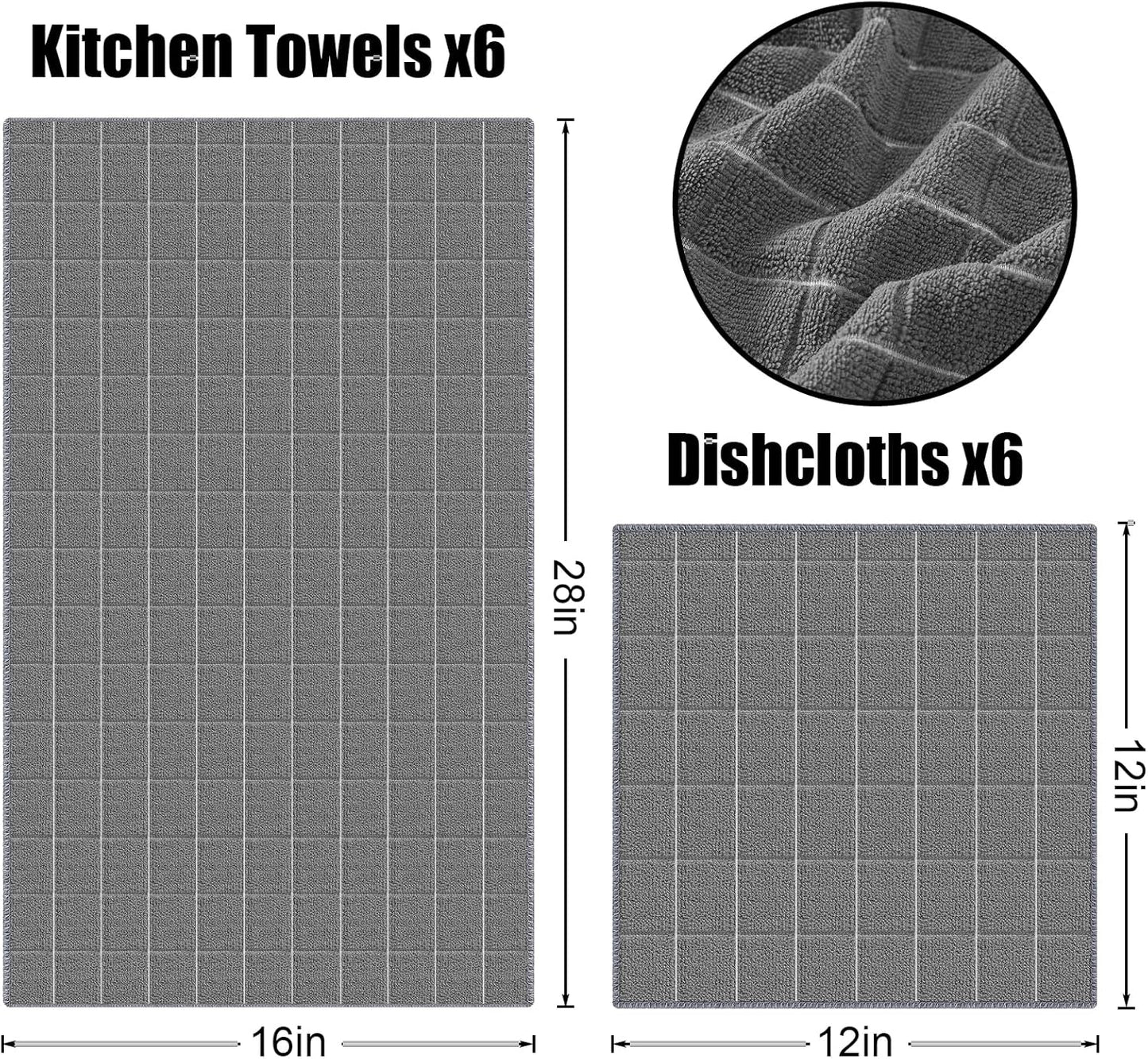 Homaxy Microfiber Kitchen Towels and Dishcloths Set, 12 Pack Soft and Absorbent Dish Hand Towels Bulk, 28 x 16 Inch & 12 x 12 Inch Quick Drying Rags for Washing Dishes, Grey