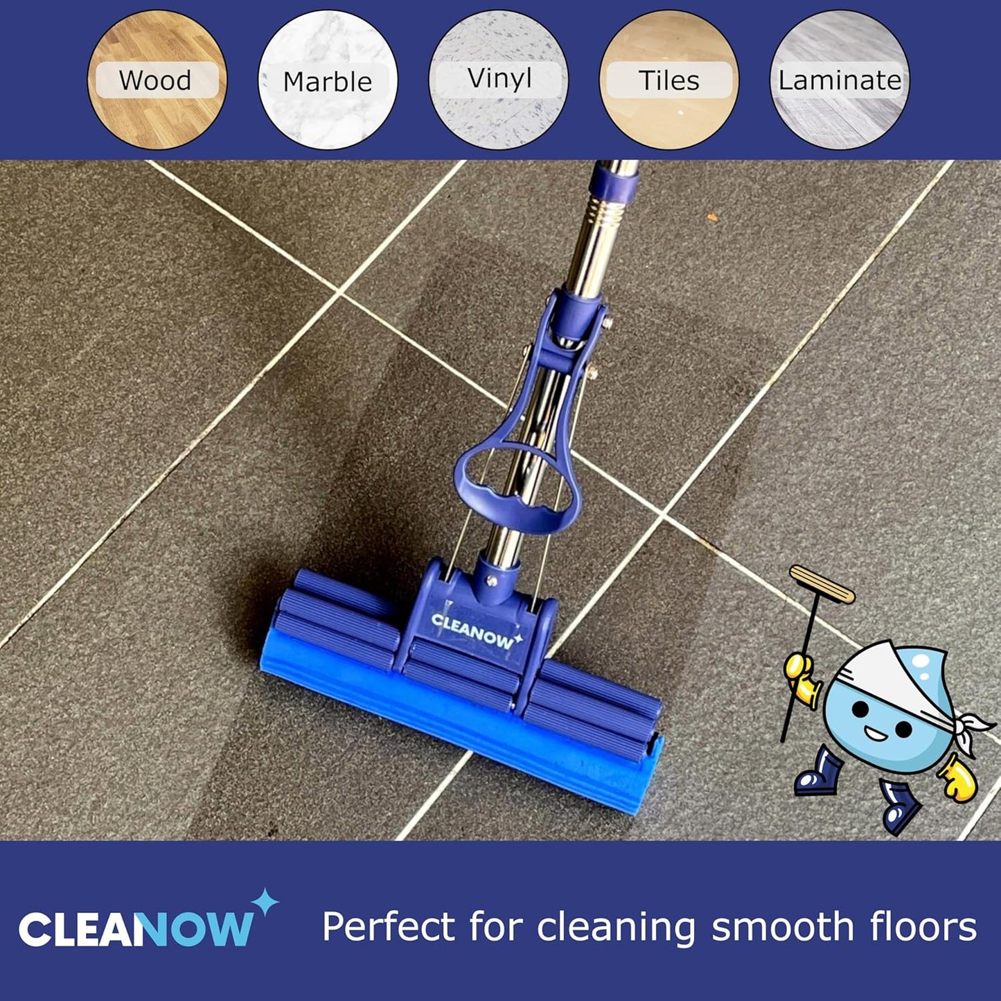 OneTouch GO! Floor Cleaner, Wring Mop, Cleaning Tool with Wringing Function - Sponge mop for Cleaning Floors- with PVA Sponge and Stainless Steel mop Handle