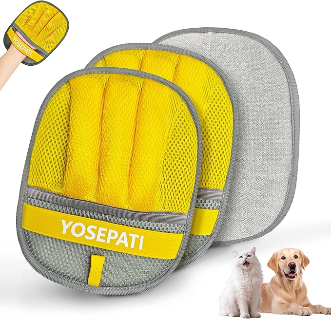 Thickened Ectrostatic Pet Hair Removal Glove for Cat & Dog, Upgraded Five-Finger Reusable Magic Brush Pet Hair Remover Tool for Couch, Clothing, Carpet & Car Seat (2Pcs-Grey & Yellow)