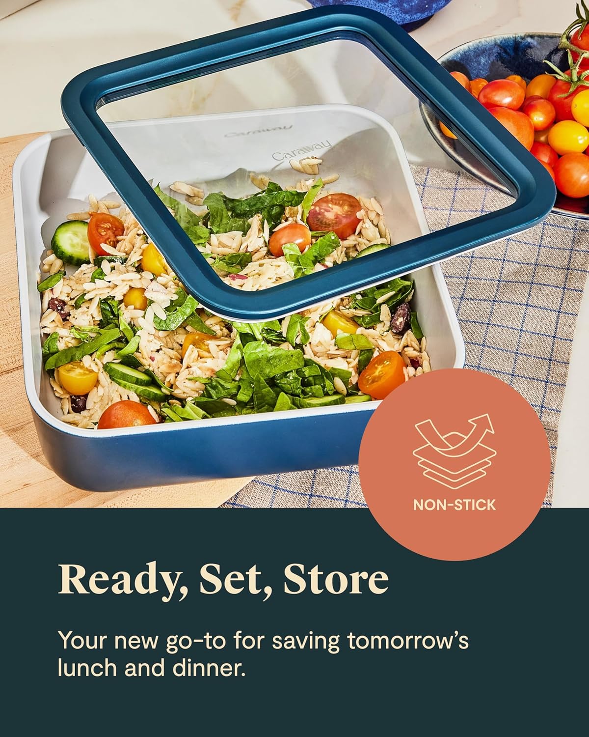 Caraway 6pc Glass Food Storage Set – 10 Cup Food Containers (6) - Ceramic Coated - Non Toxic, Non Stick with Lids - Microwave Safe - Gray
