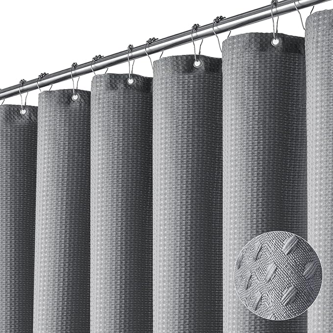 Dynamene Stall Fabric Shower Curtain - 60 x 84 inch Long Waffle Weave Weighted Thick Cloth Shower Curtain for Bathroom, Neutral Heavy Duty Hotel Spa Luxury Bath Curtain Set with 10 Hook, Grey/Gray