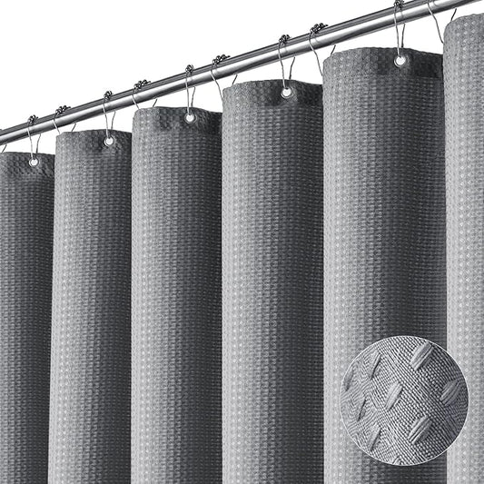 Dynamene Long Fabric Shower Curtain - Waffle Textured Tall Heavy Duty Cloth Shower Curtains for Bathroom, 256GSM Large Hotel Spa Luxury Bath Curtain Set with 12 Plastic Hooks(72Wx80H, Grey/Gray)