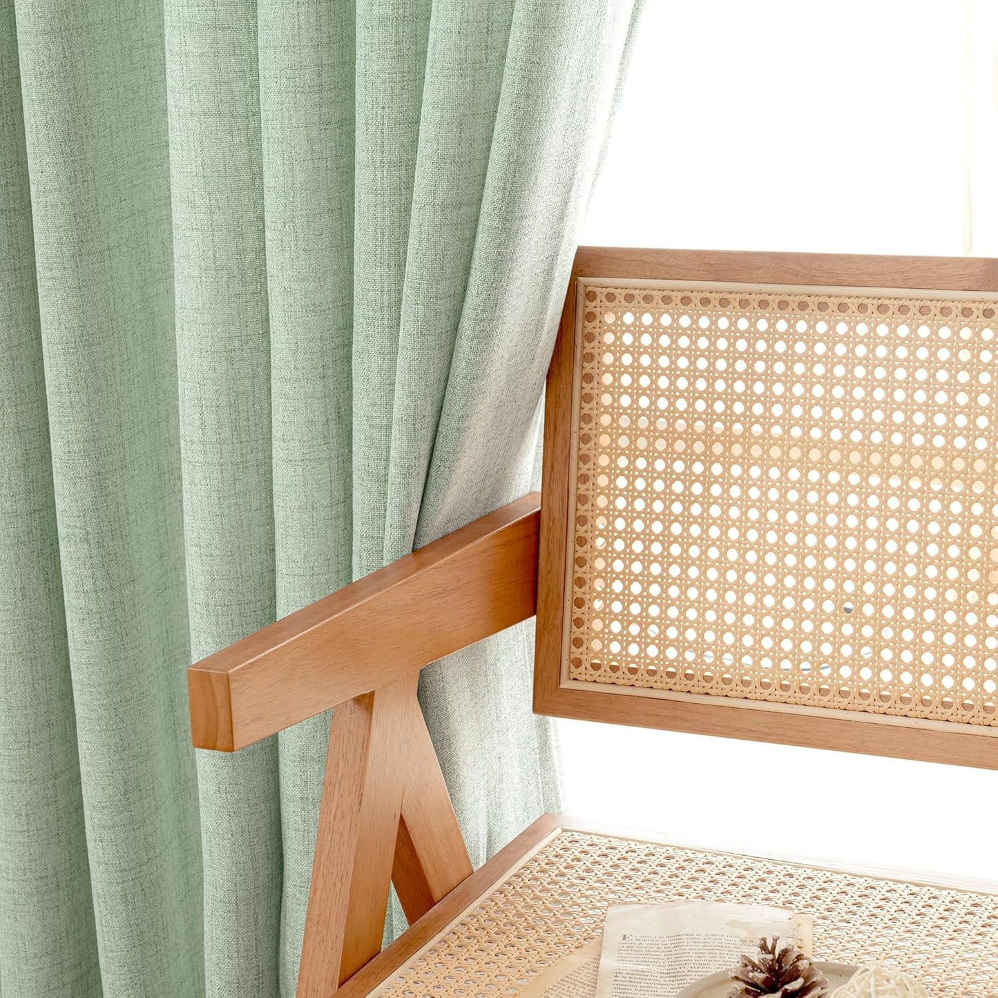 YoungsTex Sage Green Short Linen Curtains 48 Inch Length for Kitchen, Semi Sheer Small Window Drapes Rod Pocket Back Tab Light Filtering for Living Room Cafe Spring Decor, 2 Panels, 42 X 48 Inch