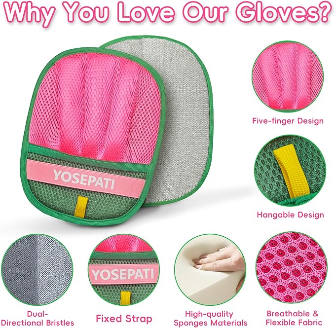 Thickened Ectrostatic Pet Hair Removal Glove for Cat & Dog, Upgraded Five-Finger Reusable Magic Brush Pet Hair Remover Tool for Couch, Clothing, Carpet & Car Seat (2Pcs-Green & Pink)