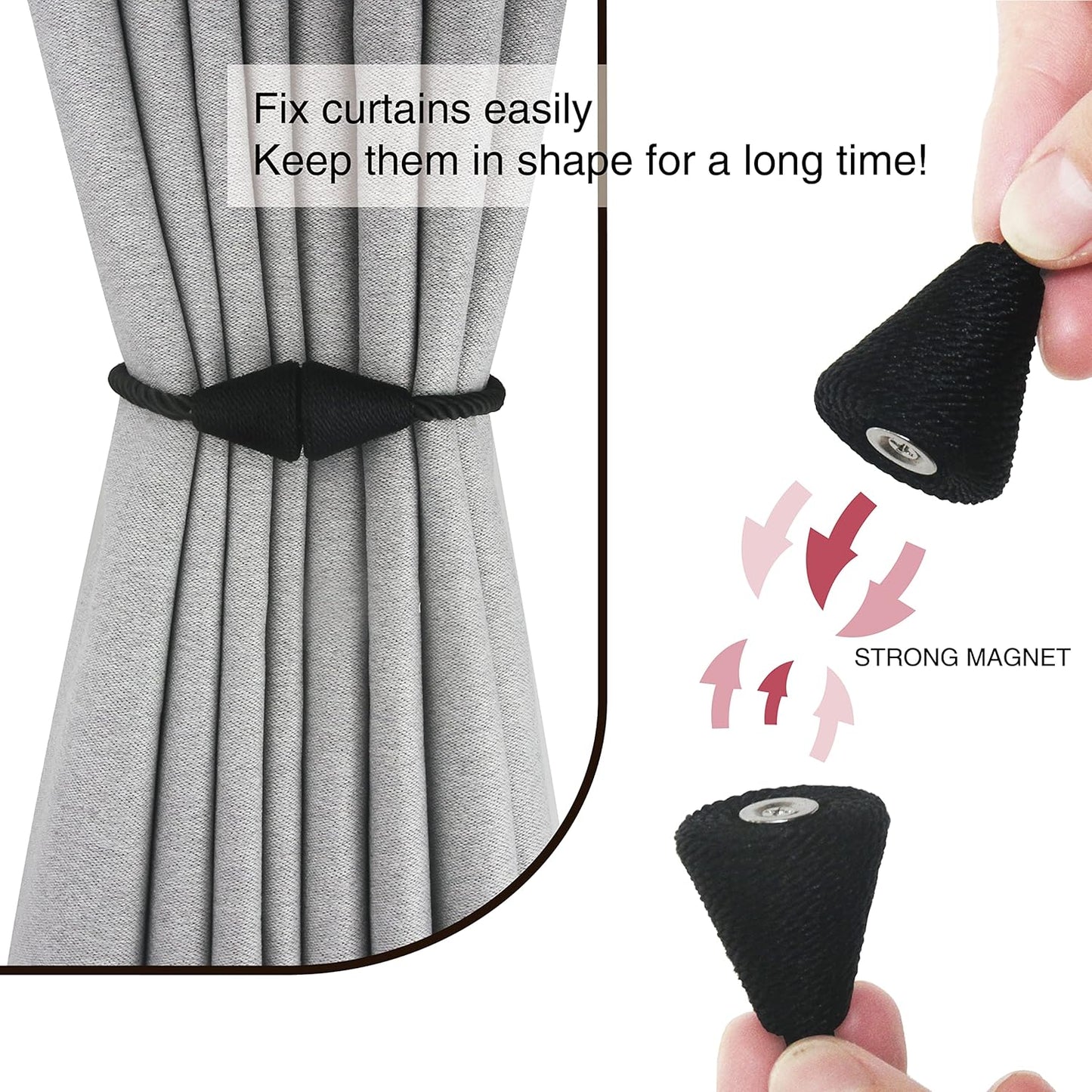 2 Pack Magnetic Curtain Tiebacks Rope Modern Handmade Curtain Tie Backs Decorative Drapes Weave Holdbacks for Window Décor, Black