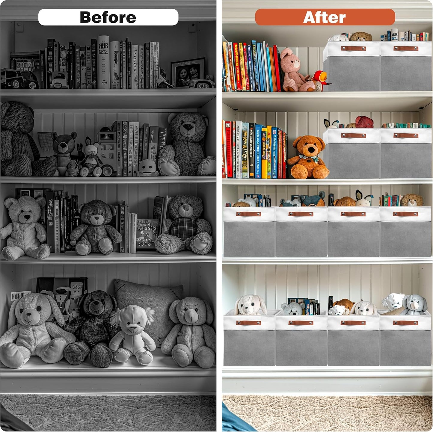 12in Open Fabric Storage Basket with Leather Handles for Organizing, Collapsible Linen Closet Bins for Shelves, Closets, Laundry, Decorative Basket for Gifts. (White＆Gray, 3PCS/12x12in)