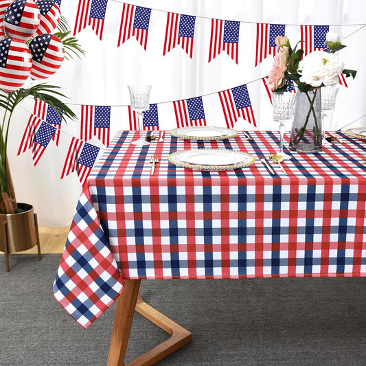 Classic Gingham 4th of July Tablecloth Fabric - Oblong 58x144 Inch Patriotic Party Table Cloth for Indoor Outdoor - American Theme Table Cover for Picnics and Parties