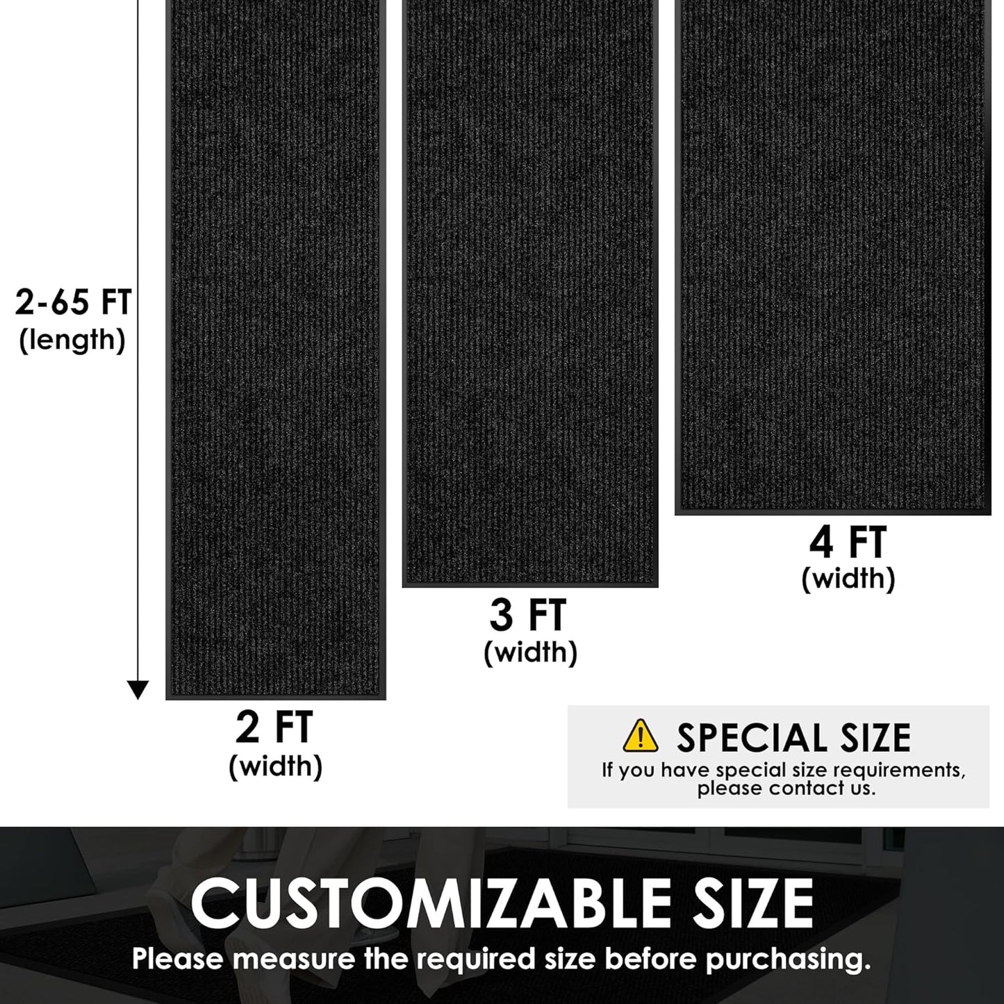 3′ x 11′ Front Door Mat Indoor Outdoor Entrance, Commercial Floor Mat Heavy Duty Dirt Trapper Entryway Doormat, Custom Size Non Slip Rubber Backing Welcome mat, Door Mat for High Traffic Area