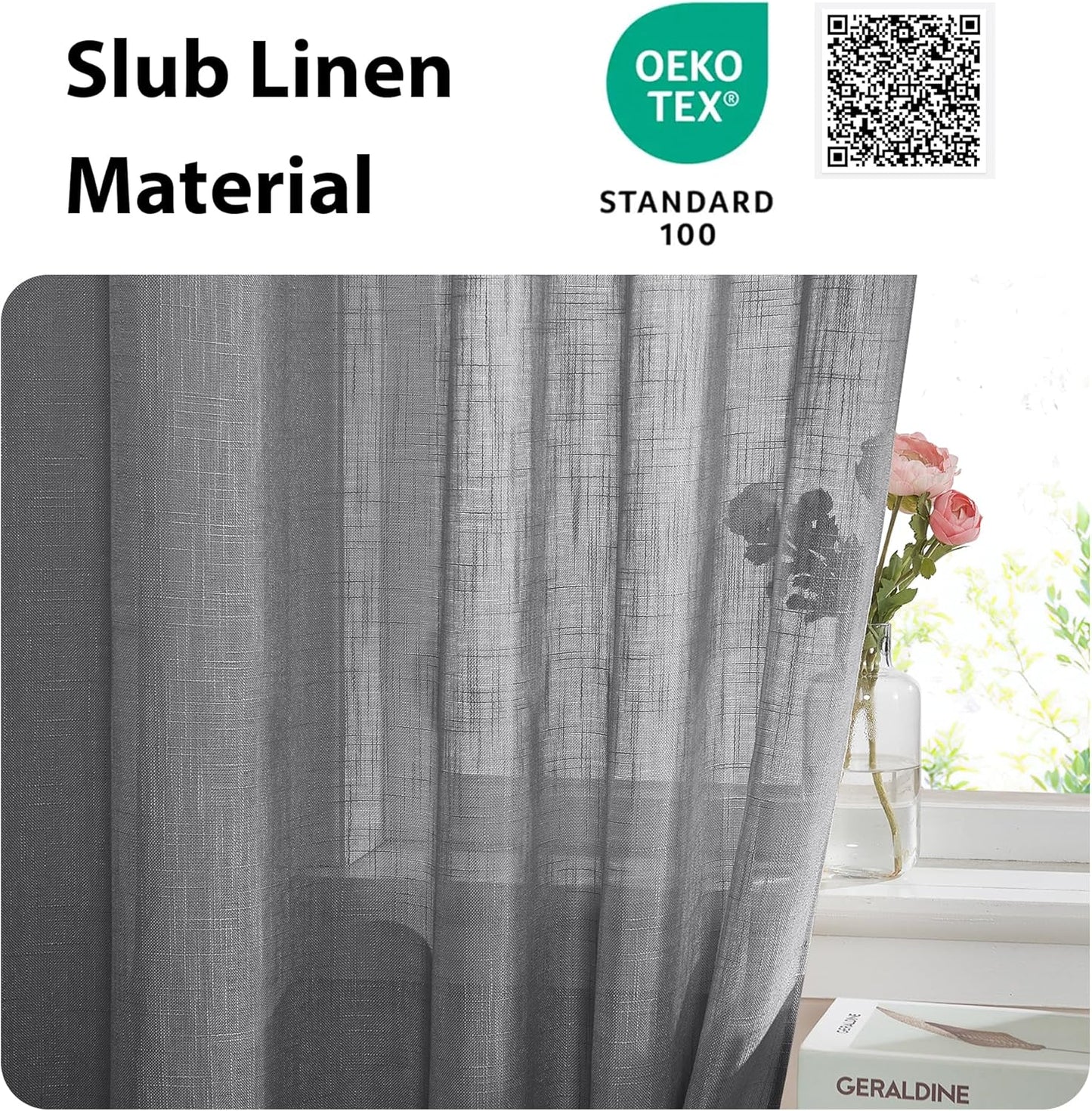NICETOWN French Door Curtain with Bonus Tieback, Casual French Window Covering Sheer Drapes for Balcony 25 Inches Wide by 72 Inches Long, Front Back Door Shade for Bathroom, 1 PC, Dark Grey