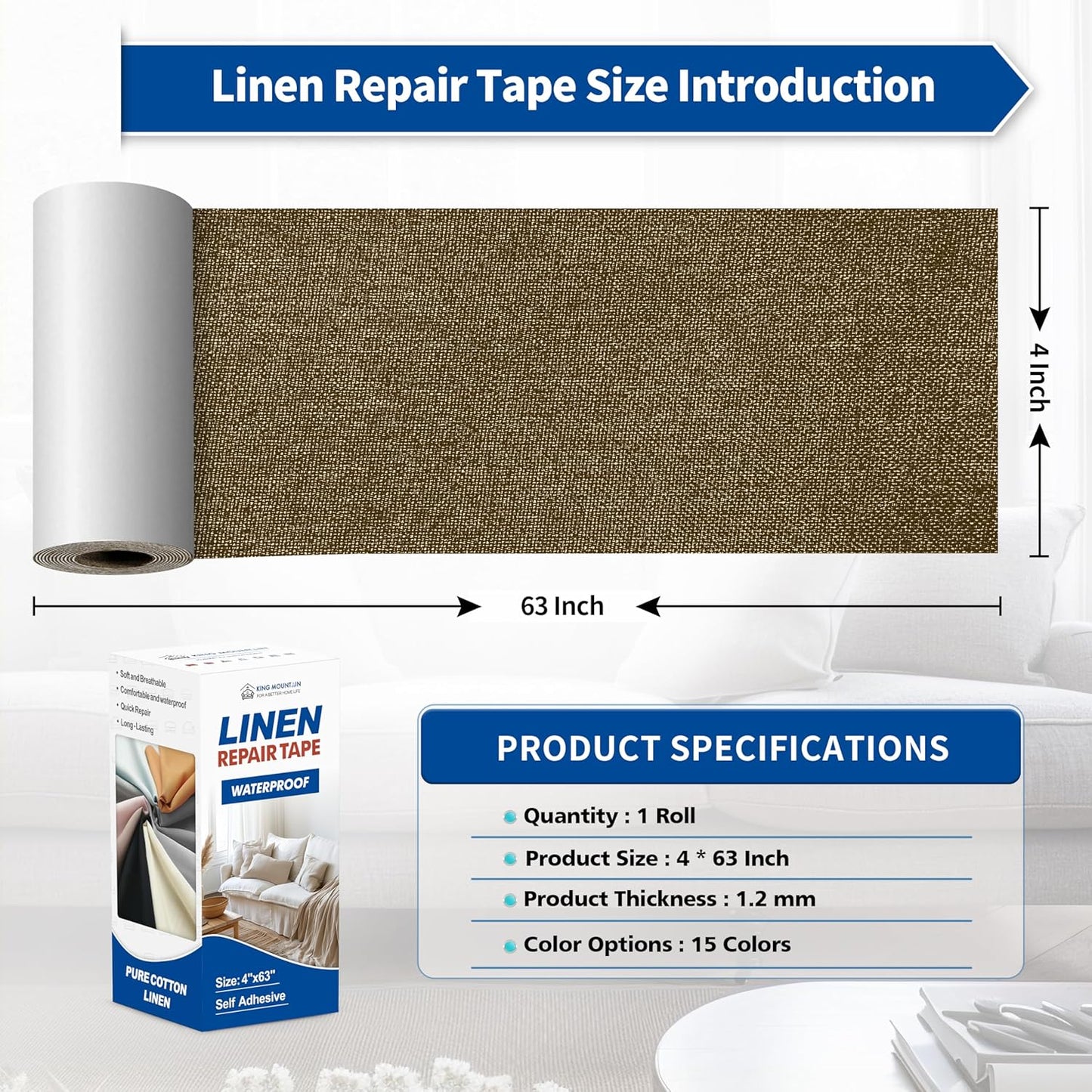 KING MOUNTAIN Linen Repair Patches, Self-Adhesive Fabric Patches, 4 X 63 inch Extra Size, Multi Color, Can be Used for Sofa Repair and Linen Clothes Repair (Dark Brown2.0)