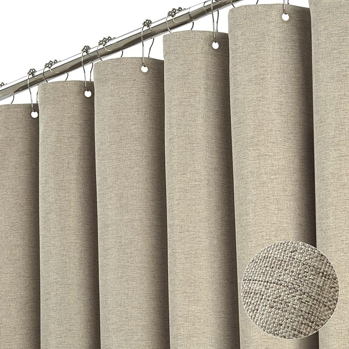 BTTN Extra Long Shower Curtain - 72 x 84 Inch Long Linen Textured Heavy Duty Fabric Shower Curtain Set with 12 Plastic Hooks, Large Hotel Spa Luxury Waterproof Shower Curtains for Bathroom - Khaki/Tan