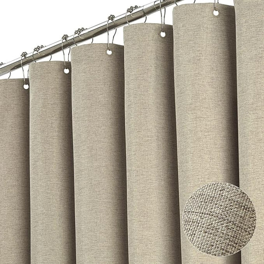 BTTN Extra Wide Shower Curtain - 108 x 72 Inch Linen Textured Waterproof Fabric Shower Curtain Set with 18 Plastic Hooks, Large Modern Farmhouse Cloth Bathtub Shower Curtains for Bathroom - Khaki/Tan