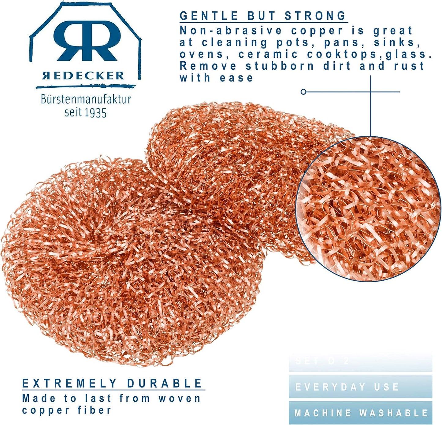Redecker Real Copper Pot Scrubbers – Double-Layer Copper Scouring Pads for Pots, Pans, Dishes & More – Gentle, Scratch-Free Cleaning – Durable Copper Sponge Scrubber, Set of 2