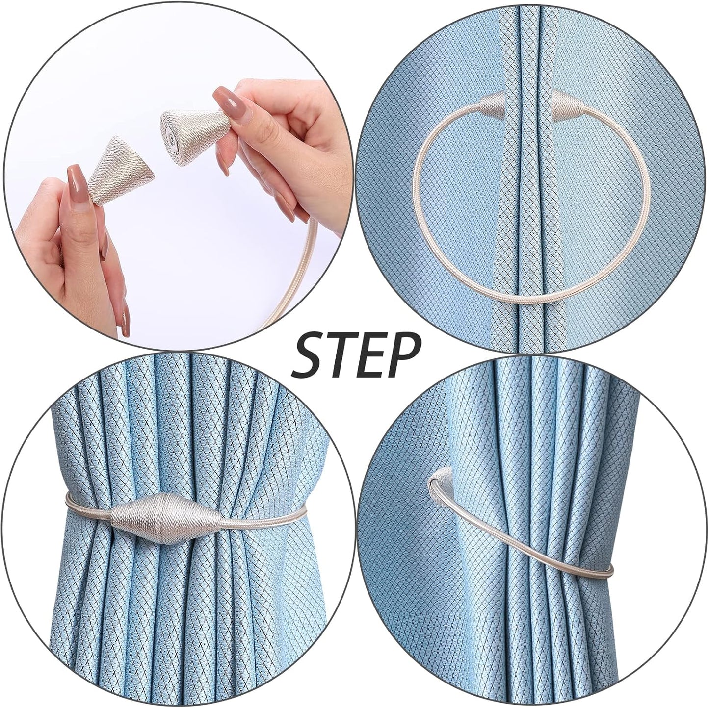 2 PCS Magnetic Curtain Tiebacks, European Style Convenient Drape Tie Backs Holdbacks for Thin or Thick Home & Office Window Draperies, No Tools Required（Beige）