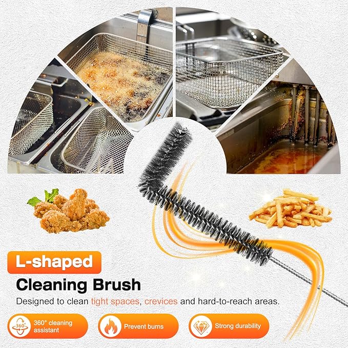 Fryer Cleaning Tools Set of 3, Stainless Steel Deep Fryer Basket Brush, Long Handle L-Shaped Crevice Cleaning Brush and Cleanout Rod Kit for Kitchen Restaurant, Electric Fryer Degreasing Scrubber Tool