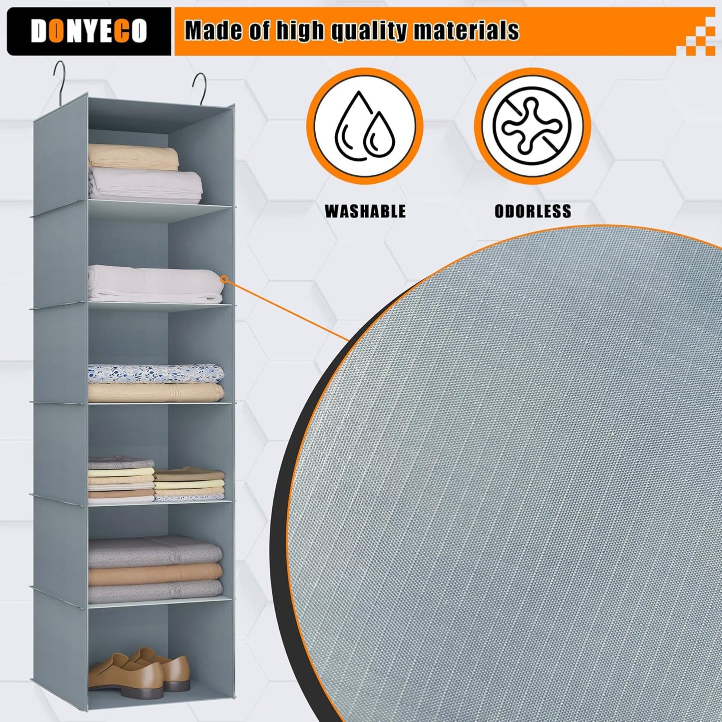 Hanging Closet Organizer and Storage 6-Shelf, Easy Mount Foldable Hanging Closet Wardrobe Shelves, Clothes Handbag Shoes Accessories Storage, Washable Oxford Cloth Fabric, Grey