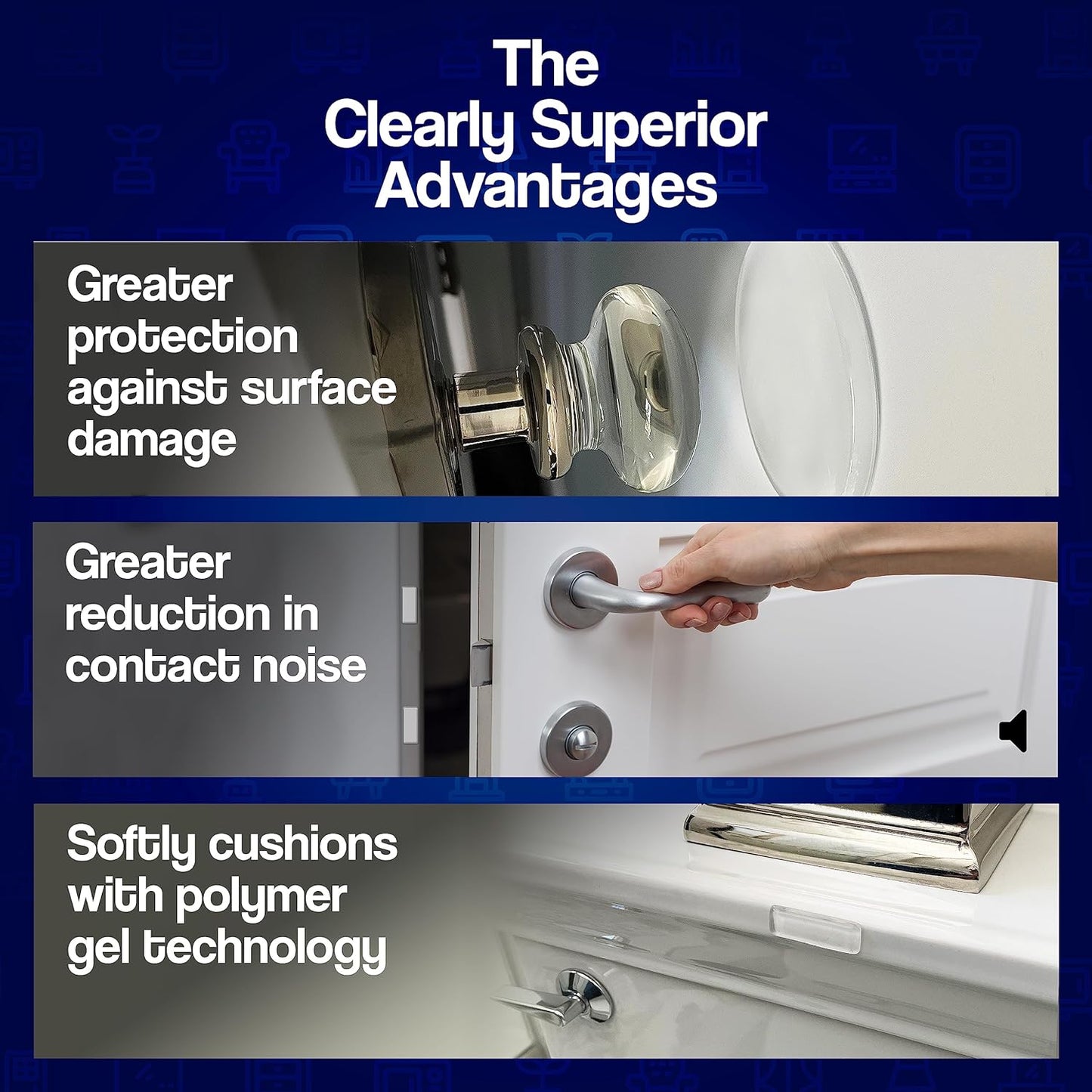 12-Pack Clearly Superior Gel Bumpers. Small Rectangle 1.5" x .5" Protects Surfaces & Quiets Contact. Use on Furniture, Doors, Cabinets, Walls & Appliances. Self Adhesive, Just Press to Apply