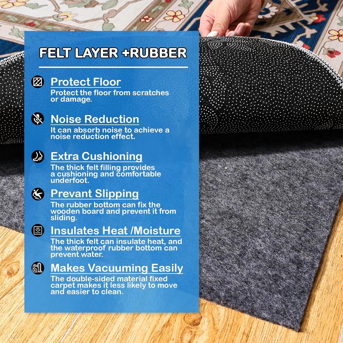 Non-Slip Rug Pads 1/4” Thick, 7x10Ft Waterproof Rugs Non Skid Rug Pad for All Floors and Finishes Durable Hardwood Floor Protective Felt Keeps Rugs in Place, Safe and Secure