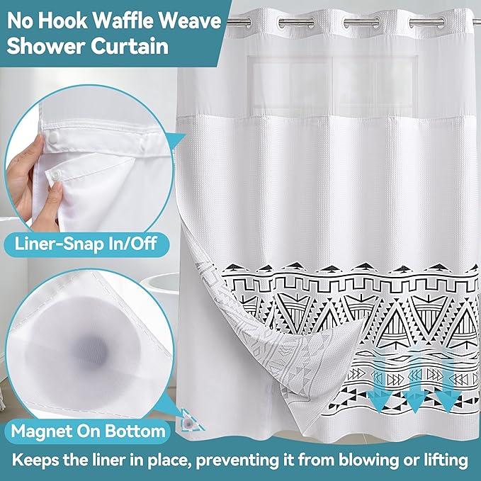 Conbo Mio Extra Long No Hook Waffle Weave Shower Curtain with Snap in Liner Set, Hotel Luxury Boho Shower Curtains for Bathroom with See Through Top Window, Waterproof, Washable 71W x 84H White