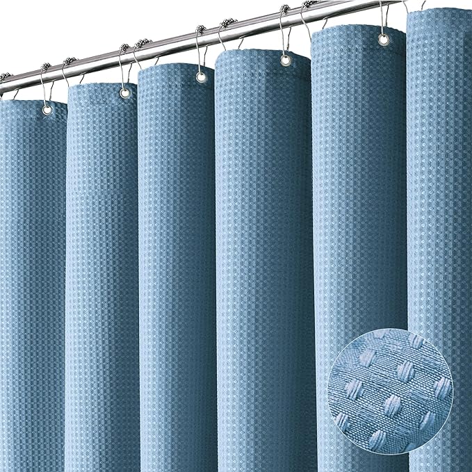 Dynamene Extra Long Shower Curtain - 84 Inch Long Blue Waffle Weave Heavy Duty Fabric Bathroom Shower Curtain, Weighted Hotel Thick Bath Curtain Set with 12 Plastic Hooks,72x84, Moonlight Blue