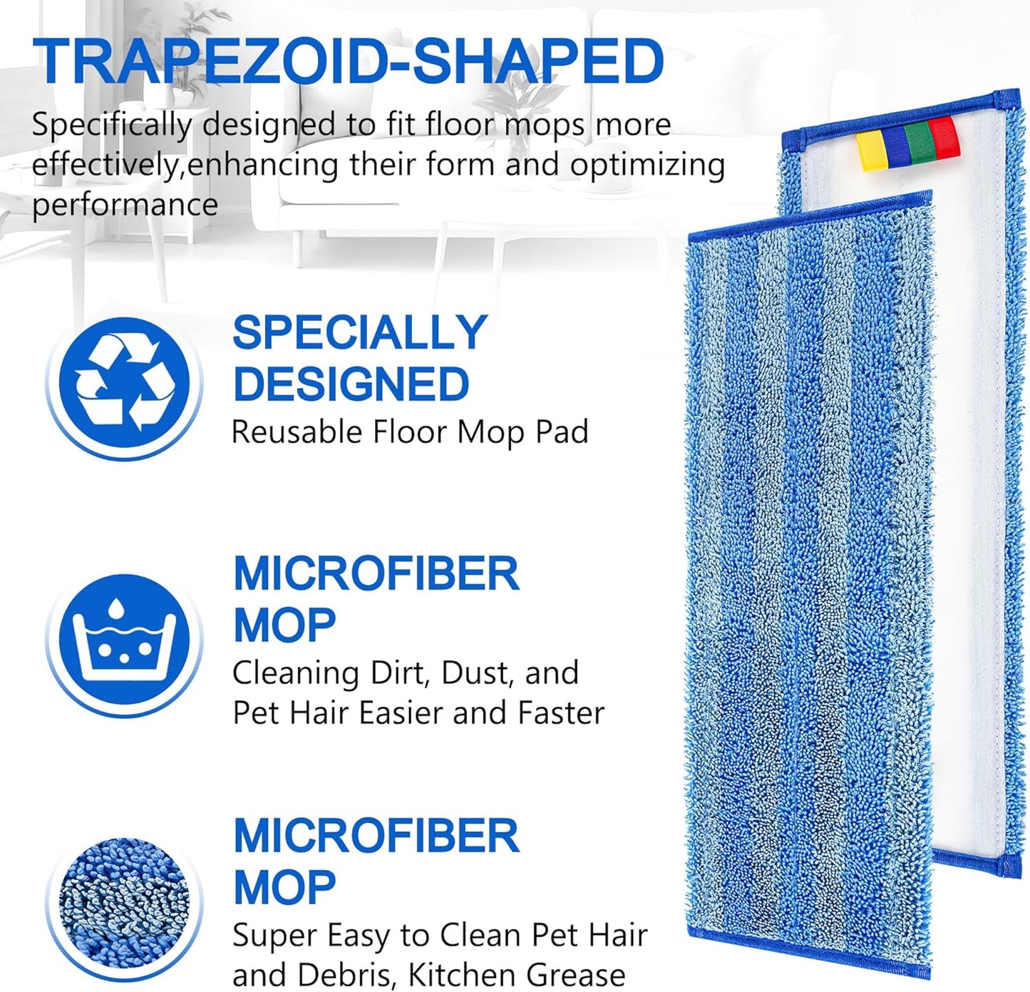 Replacement Microfiber Mop Pad – Universal 17-18" Heavy Duty Reusable Refill – Thick Commercial Cleaning Pad for Wet & Dry Use (15 Pack - 18in Flat Mop Head (Trapezoid))